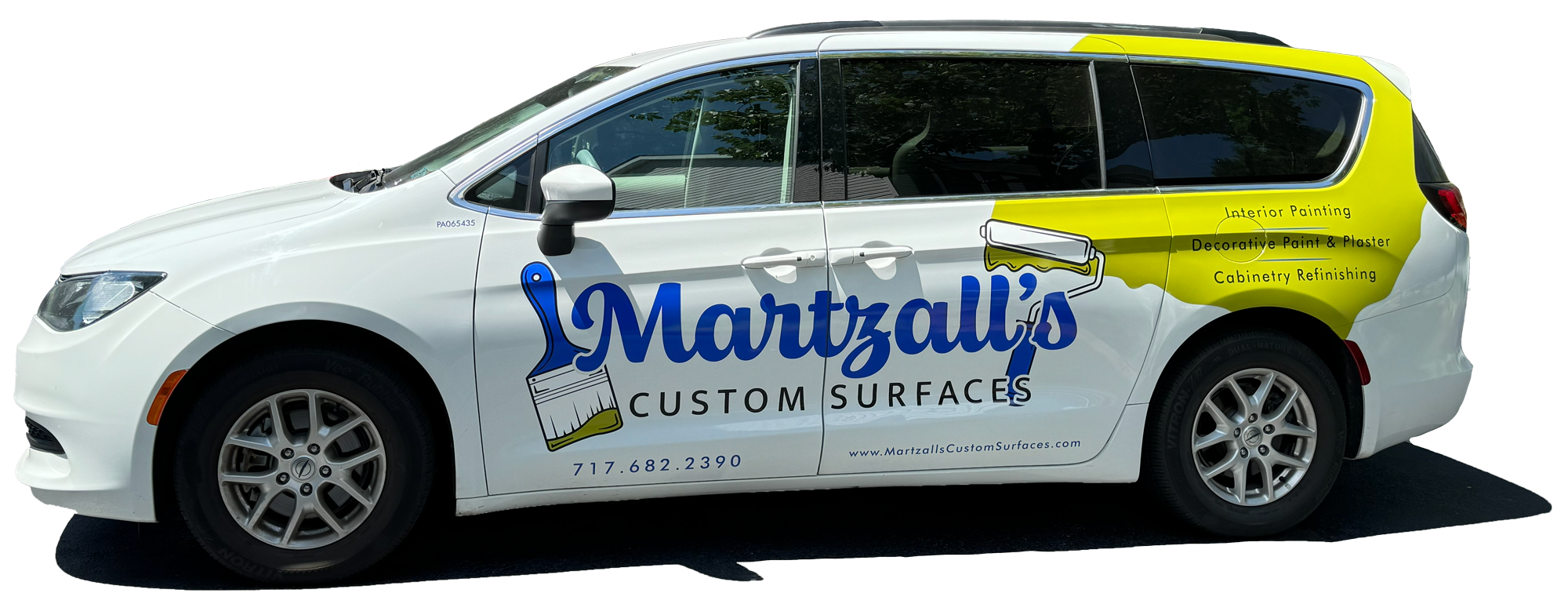 Company vehicle wrap for Martzall’s Custom Surfaces featuring branding, paint roller graphics, and listed services including interior painting, decorative paint and plaster, and cabinetry refinishing