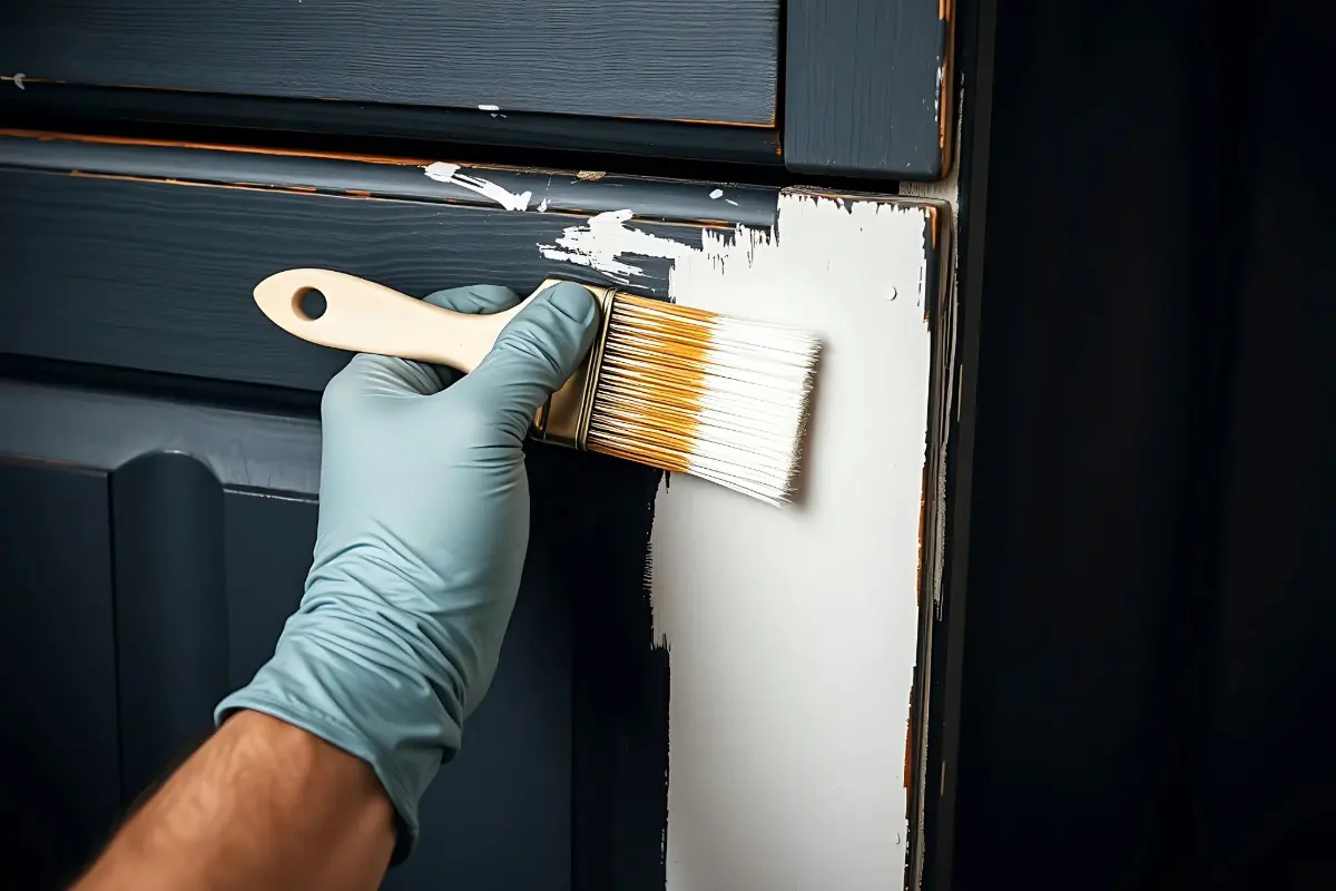 A professional painter applies a smooth white finish to dark cabinets, demonstrating the high-quality results of cabinet refacing in Lancaster County, PA.