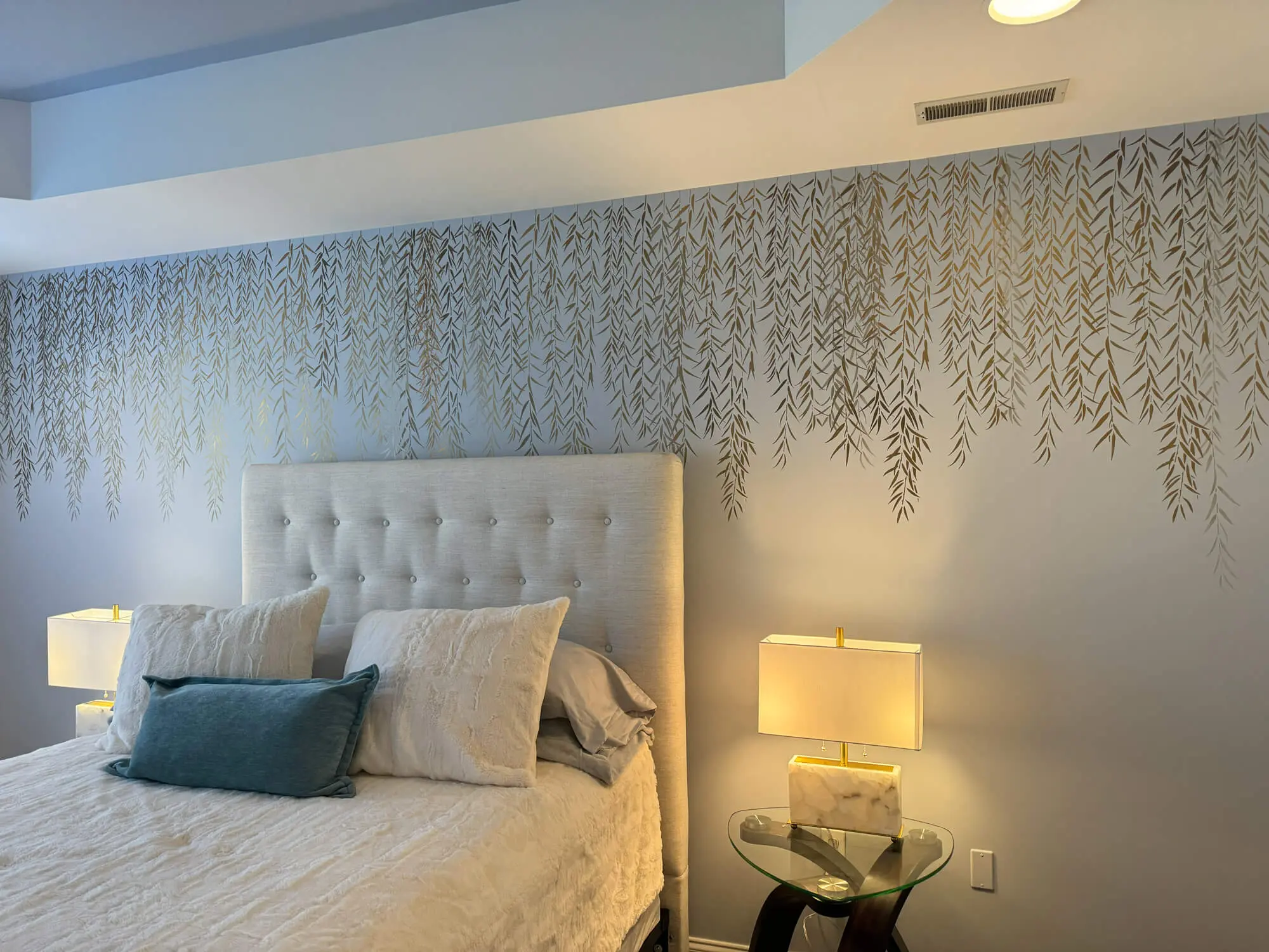 Bedroom with decorative painted wall design and soft neutral interior painting completed by Martzall’s Custom Surfaces serving Lititz, PA and surrounding Lancaster County communities