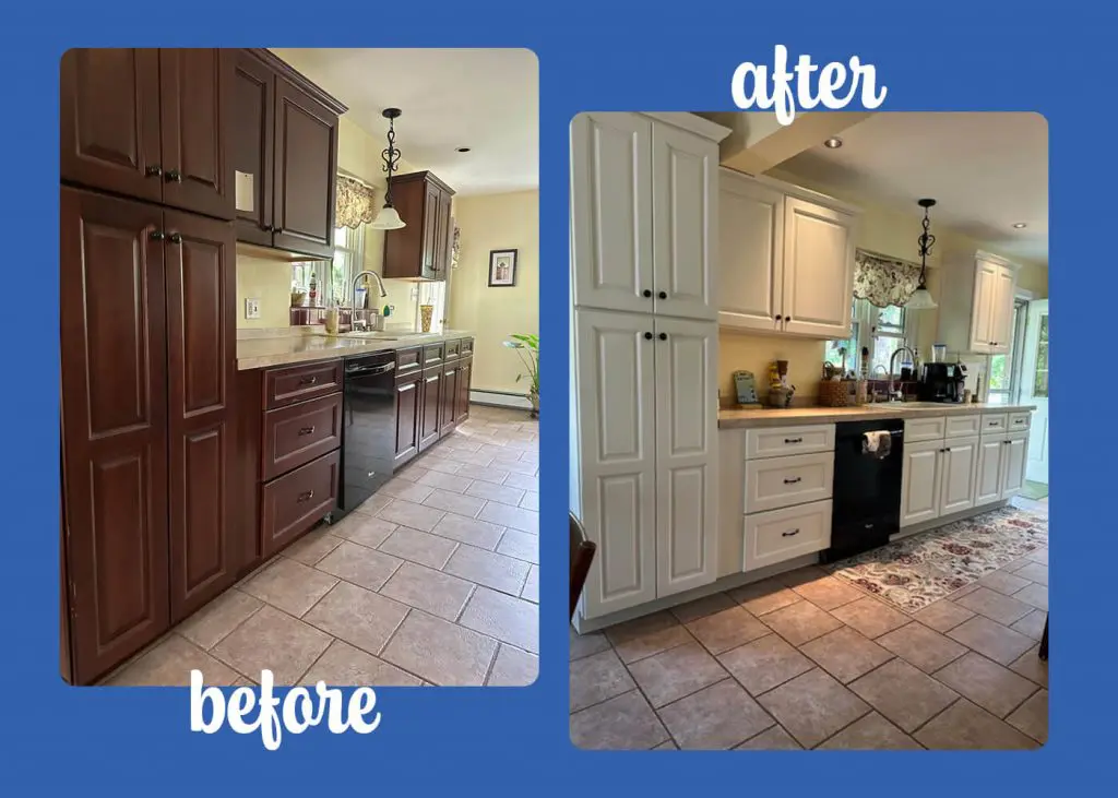 before and after photo of cabinet painting