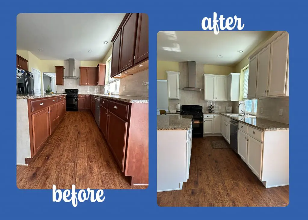 before and after photo of cabinet painting