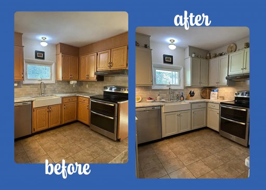 before and after photo of cabinet painting