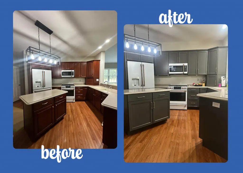 before and after photo of cabinet painting