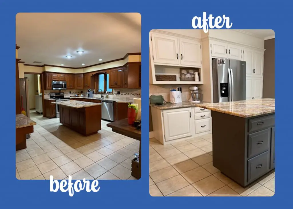 before and after photo of cabinet painting
