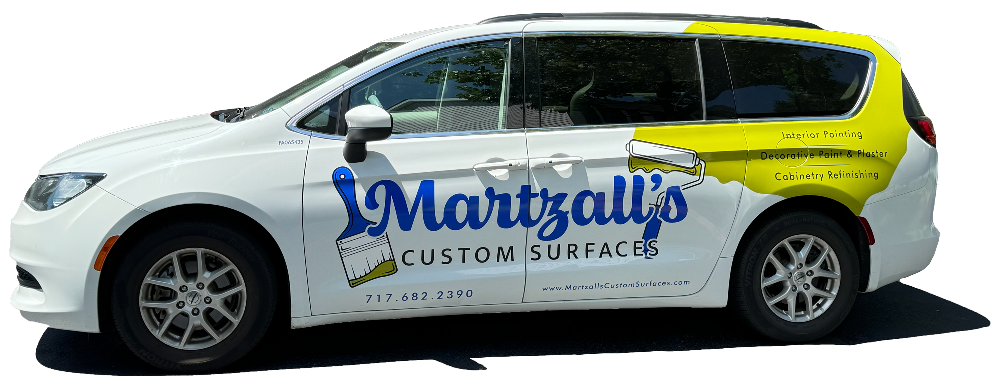 Company vehicle wrap for Martzall’s Custom Surfaces featuring branding, paint roller graphics, and listed services including interior painting, decorative paint and plaster, and cabinetry refinishing