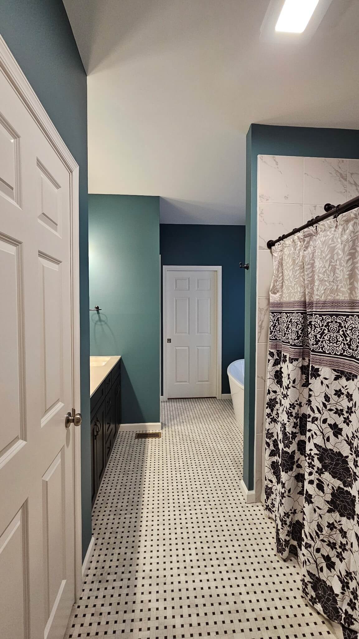 Modern bathroom with teal accent walls, crisp white trim and doors, black vanity cabinetry, patterned tile flooring, and a decorative shower curtain for a bold, refreshed look