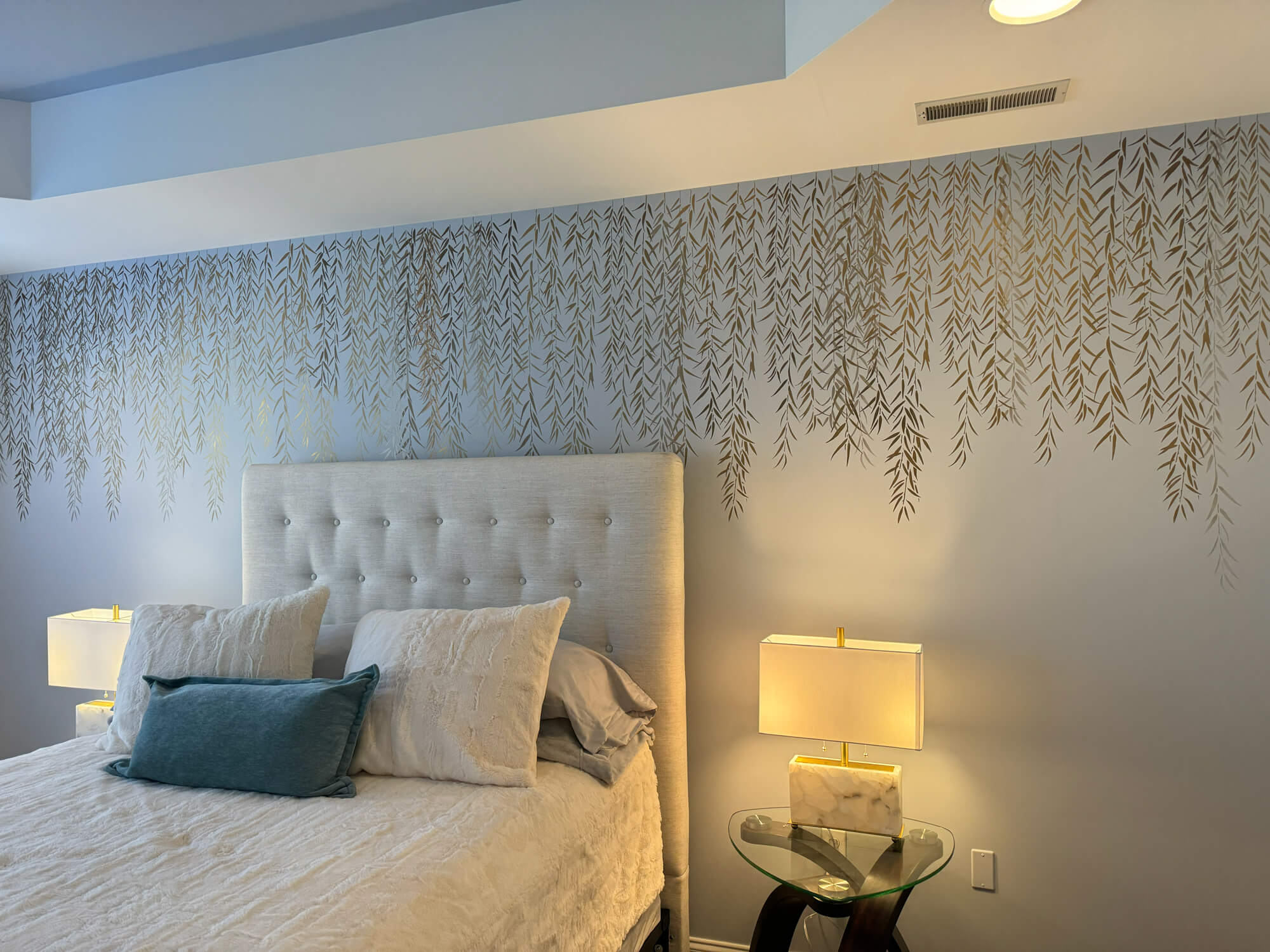 Bedroom with decorative painted wall design and soft neutral interior painting completed by Martzall’s Custom Surfaces serving Lititz, PA and surrounding Lancaster County communities