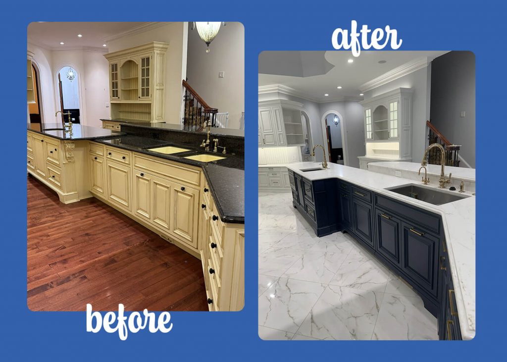 before and after photo of cabinet painting