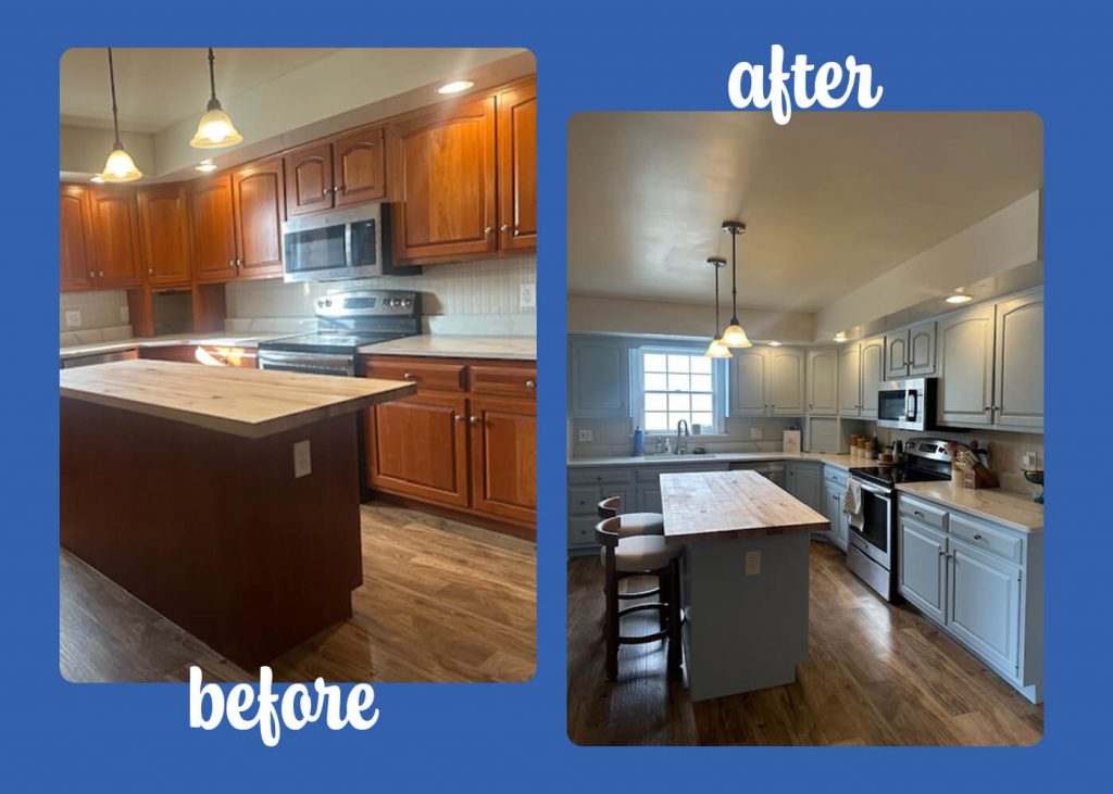 before and after photo of cabinet painting