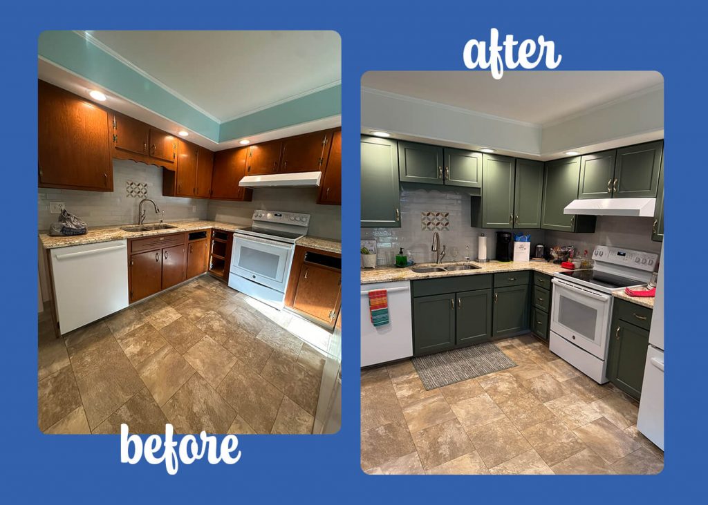 before and after photo of cabinet painting