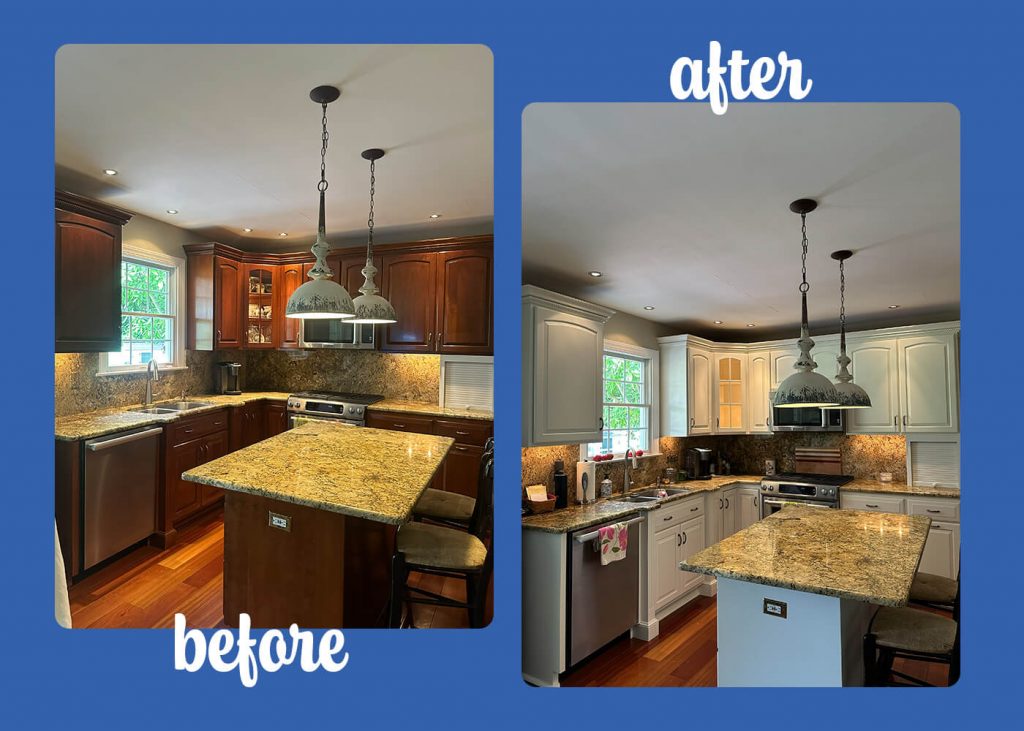 before and after photo of cabinet painting