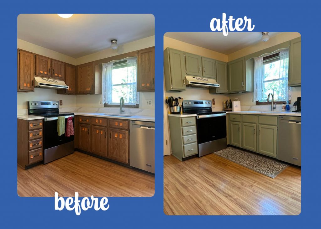 before and after photo of cabinet painting