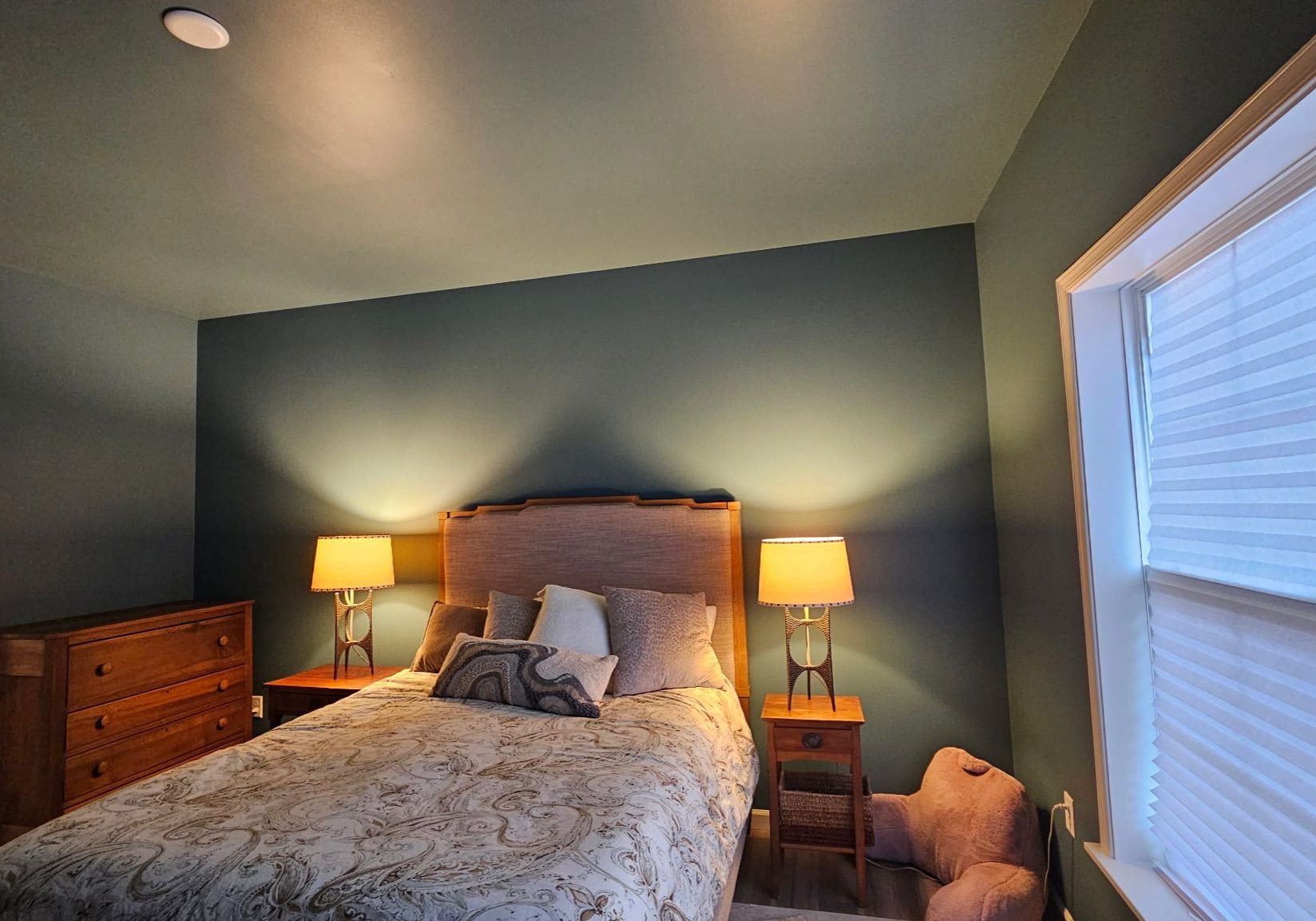 Bedroom interior painting with deep teal accent wall completed by Martzall’s Custom Surfaces serving Lititz, PA and surrounding Lancaster County communities