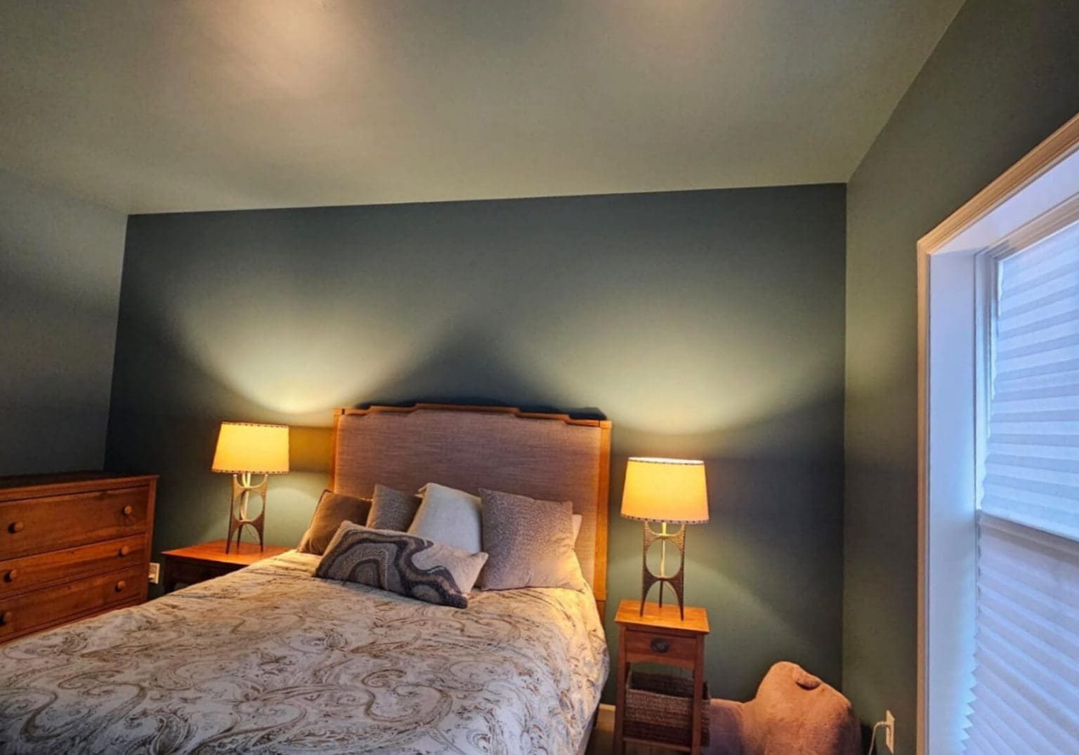 Bedroom interior painting with deep teal accent wall completed by Martzall’s Custom Surfaces serving Lititz, PA and surrounding Lancaster County communities