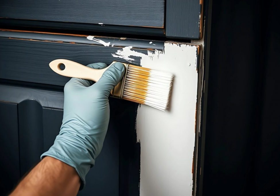 A professional painter applies a smooth white finish to dark cabinets, demonstrating the high-quality results of cabinet refacing in Lancaster County, PA.